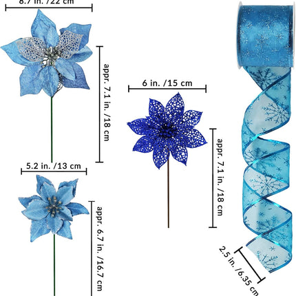 Winlyn 26 Set 3 Style Christmas Blue Glitter Poinsettia Flowers Picks Xmas Tree Ornaments and 12 Yards Decorative Blue Glittered Wired Ribbon for Blue Christmas Tree Wreath Garland Holiday Décor