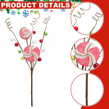 Yinkin 6 Pcs Peppermint Candy Cane Pick Spray Ornament 13 Inches Red Green White Stripe Lollipop Sprays Floral Berry Christmas Picks and Sprays for Christmas Tree Wreath Decoration Home Party Craft