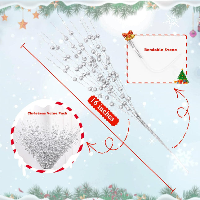 12 Pack Silver Christmas Tree Decorations, 16" Glitter Berry Stems Ornaments, Christmas Picks Sticks for Christmas Tree Topper Filler Vase DIY Home Decor