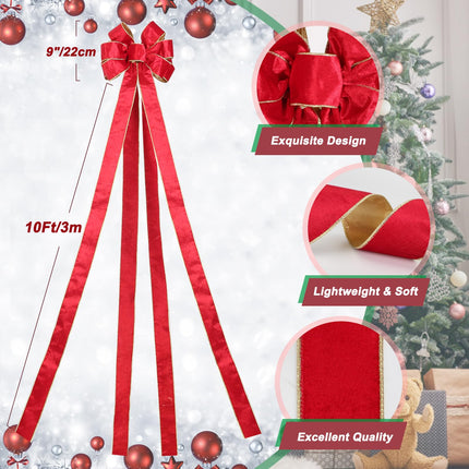 Colovis Christmas Tree Topper Bow, 10ft Long Streamers Tree Topper Bow Red, Velvet Ribbon Bows Toppers for Xmas Holiday Party Home Decor (Red)