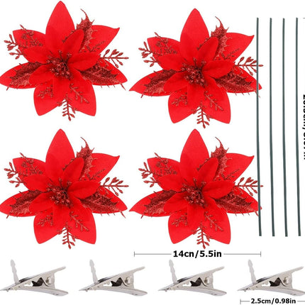 4 Pcs 5.5 Inch Christmas Poinsettia Artificial Flowers Glitter Red with Clips Stems Christmas Tree Holiday Wreath Ornaments Home Party Decor