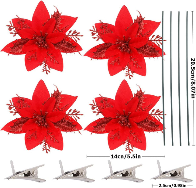 4 Pcs 5.5 Inch Christmas Poinsettia Artificial Flowers Glitter Red with Clips Stems Christmas Tree Holiday Wreath Ornaments Home Party Decor