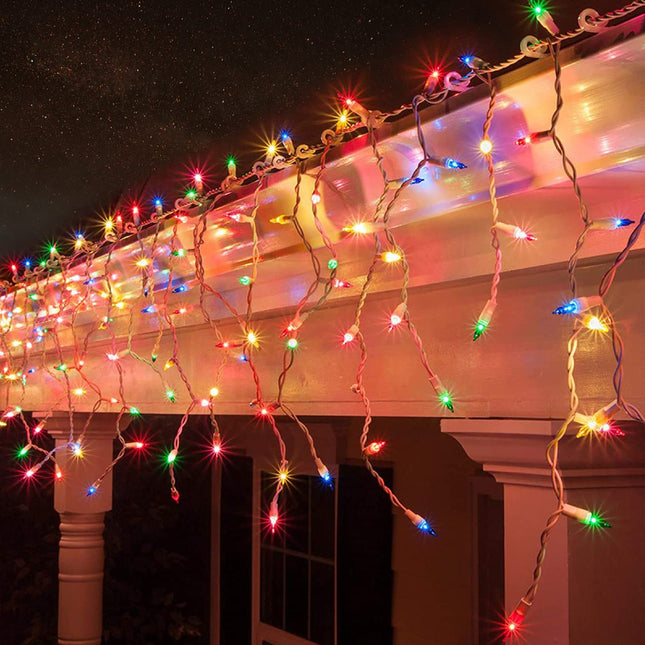 Lomotech Christmas Icicle Lights, 18Ft 54 Drops 300 Count Incandescent Icicle Lights, UL Waterproof Connectable Christmas Lights for Holiday Decorations (White Wire, Multicolor)