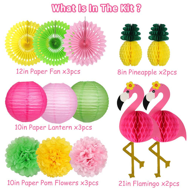 YUNXUAN Flamingo Party Supplies Hawaiian Party Decorations Flamingo and Pineapple Honeycomb Ball Paper Lanterns Paper Fans Pom poms Flowers for Birthday Luau Tropical Bachelorette Party