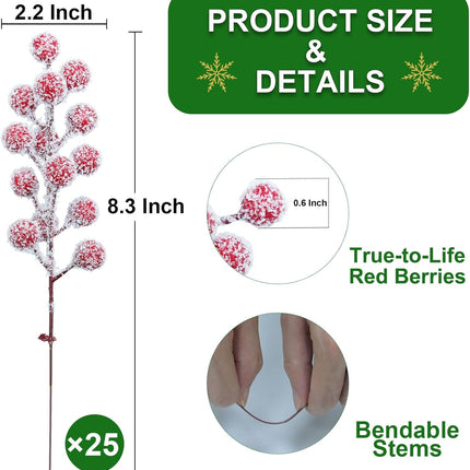 25 Pack Snowy Red Berry Stems Waterproof Frosted Holly Berry Artificial Fruits Christmas Picks Sprays for Christmas Tree Decorations Xmas Ornaments Wedding Floral Craft Winter Home Decor