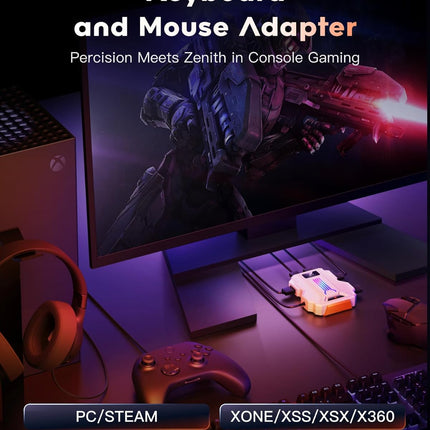 Keyboard Mouse Adapter for PC Game Controller Emulator for PC, PS4, PS3, Switch, Xbox One, Xbox 360, Xbox Series S/X - Supports Headphones, App Customization, White