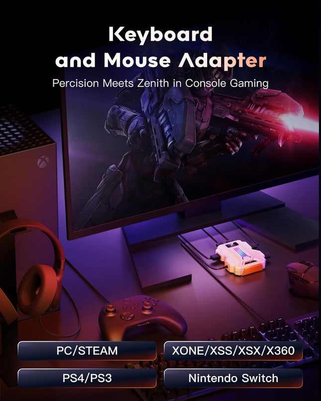 Keyboard Mouse Adapter for PC Game Controller Emulator for PC, PS4, PS3, Switch, Xbox One, Xbox 360, Xbox Series S/X - Supports Headphones, App Customization, White