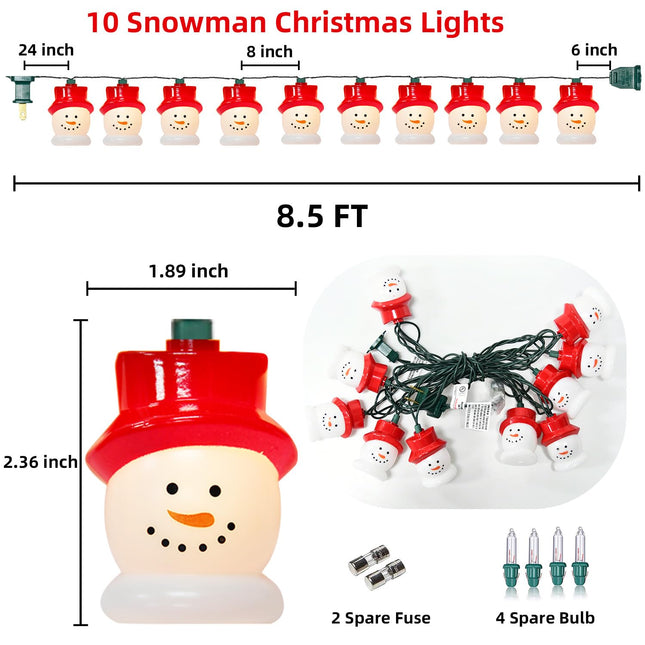 10-Light Christmas Snowman String Lights - Waterproof & UL - Perfect for Outdoor and Indoor Use - Ideal for Christmas Tree, Bedroom, Door, Party Decoration