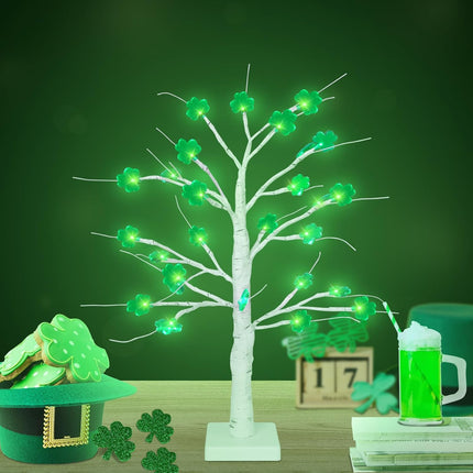 18 Inch Shamrock Tree Lights St Patricks Day Decorations with Timer, Saint Patricks Day Decor Lighted Tree with 24 LED Shamrock Lights, Battery Operated St. Patrick's Day Lights for Home Table Party