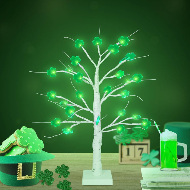 18 Inch Shamrock Tree Lights St Patricks Day Decorations with Timer, Saint Patricks Day Decor Lighted Tree with 24 LED Shamrock Lights, Battery Operated St. Patrick's Day Lights for Home Table Party