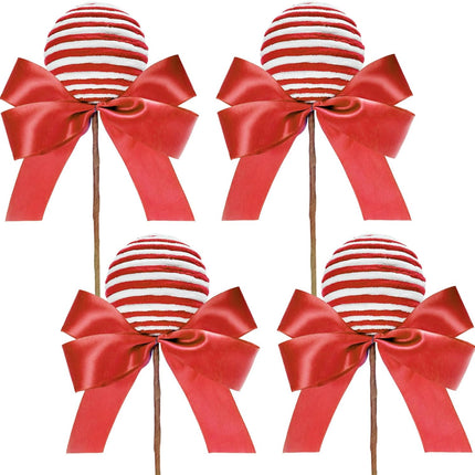 Large Lollipop Candy Picks Set of 4 Striped Peppermint Sprays Christmas Tree Stems Decorations Sticks with Ribbon Bows Xmas Tree Topper Home Vase Filler Wreath DIY Crafts Party Supplies (Red White)