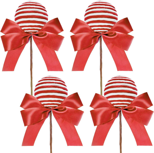 Large Lollipop Candy Picks Set of 4 Striped Peppermint Sprays Christmas Tree Stems Decorations Sticks with Ribbon Bows Xmas Tree Topper Home Vase Filler Wreath DIY Crafts Party Supplies (Red White)