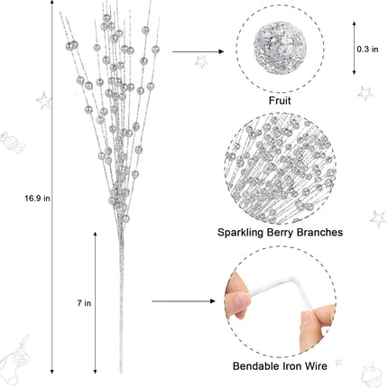 24 Pack Silver Christmas Tree Picks and Sprays, Artificial Glitter Berry Stems Branches for Christmas Tree Ornaments Glittery Bead Twigs for Holiday Party Garland DIY Xmas Berries Decorations