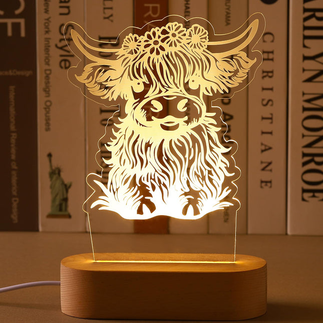 Dreyoo Highland Cow Night LED Light Acrylic Cute Highland Cow Nursery Night Lamp Christmas Bedside Lamp Highland Cow Decor Funny Animal Highland Cow s for Girls Boys Teens Farmers Cow Lovers