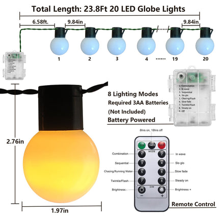 Fairy Lights Battery Operated 23.8Ft 20 LED Globe String Lights, Shatterproof G50 Edison Lights String with Remote Timer, Warm White Christmas Lights for Bedroom Camping Balcony Christmas Tree Decor