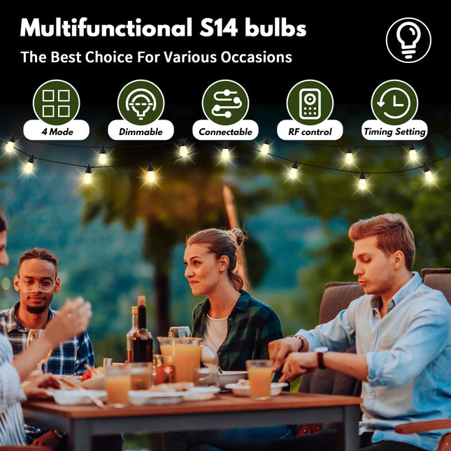 Outdoor String Lights - 49ft Patio Lights with 20 Dimmable Warm White S14 LED Bulbs, IP65 Waterproof Shatterproof Outside Lights for Christmas, Dating,Party,Camping,Remote Control,Timer,16W