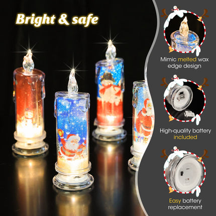 Christmas Flameless Candles with Santa Claus, Snowman,Decals Set of 4, Battery Operated Christmas Themed LED Candles for Festival Christmas Decorations