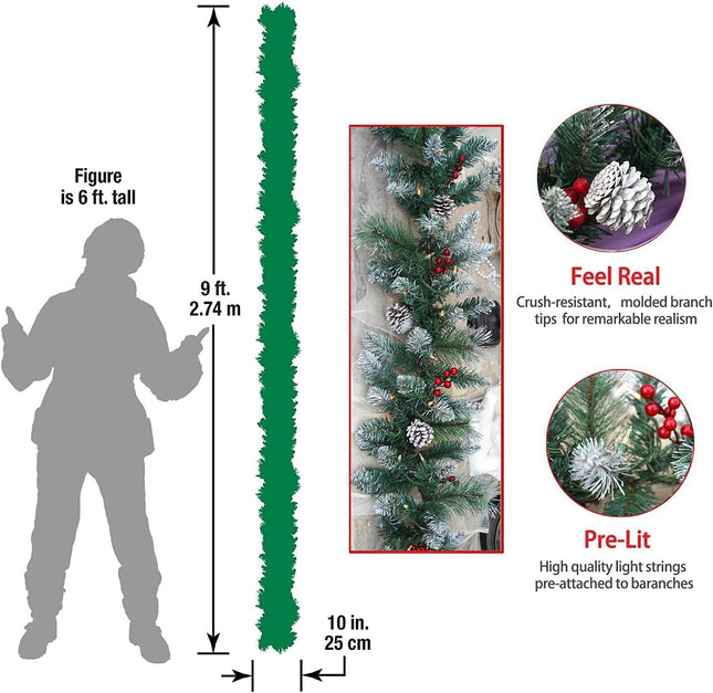 Pre-Lit Artificial Christmas Garland, Snowflake Garland, White Lights 50, Decorated with Pine Cones, Berry Clusters, Plug in, Christmas Decorations, 9 Feet