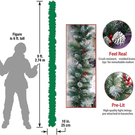 Pre-Lit Artificial Christmas Garland, Snowflake Wreath, White Lights 50, Decorated with Pine Cones, Berry Clusters, Plug in, Christmas Decorations, 9 Feet