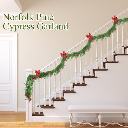 Norfolk Pine Garlands with Red Berries, 6Ft Artificial Soft Christmas Pine Cypress Garland, Green Real Touch Greenery Garland for Table, Mantle, Staires Railing, Indoor/Outdoor Christmas Decorations.