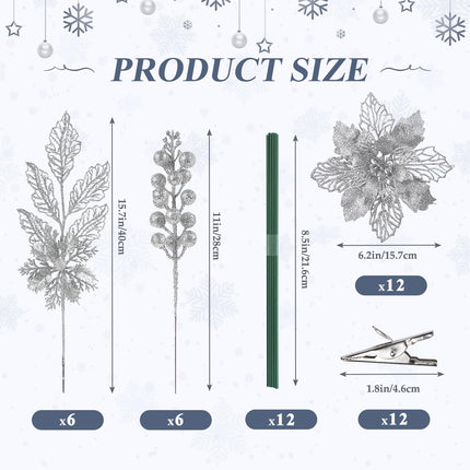 24 Pcs Artificial Glitter Christmas Tree Picks, Boxed 12 Poinsettia Flowers+ 6 Berry Stems+ 6 Flowers Berry Leaves Decorations Set, Indoor Outdoor Holiday Ornaments Decor, Sliver