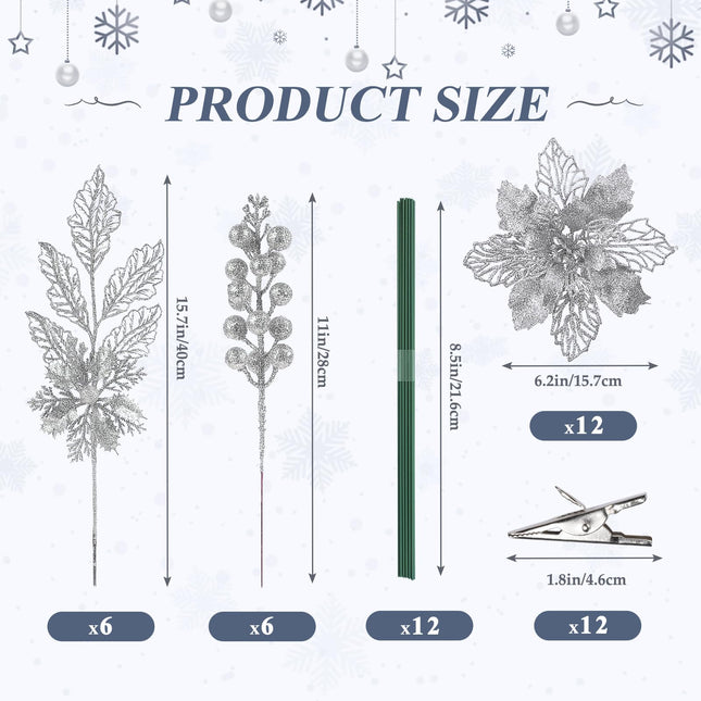 24 Pcs Artificial Glitter Christmas Tree Picks, Boxed 12 Poinsettia Flowers+ 6 Berry Stems+ 6 Flowers Berry Leaves Decorations Set, Indoor Outdoor Holiday Ornaments Decor, Sliver