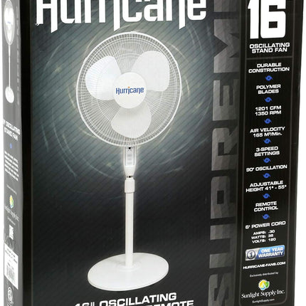 Hurricane 16 Supreme Oscillating Stand Fan W/Remote 3 Speed High Effeciency Motor Runs 1201 Cfm On High 90 Degree Side To Side
