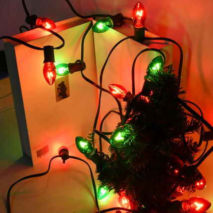 25FT C7 Red and Green Christmas Lights Outdoor, Christmas Decorations String Lights with 27 Red Green Clear Bulbs(2 Spare), Outdoor String Lights for Christmas Party Wedding Decoration, Green Wire