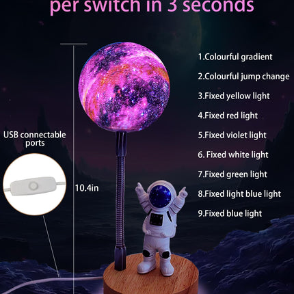WLHONG Moon Lamp for Kids,Space Buddy Lights with 7 Color Astronaut Night Light,USB Powered and Button Control 3D Moon Table Lamp,Perfect for Bedroom,Nursery and Space-Themed Parties (Galaxy)