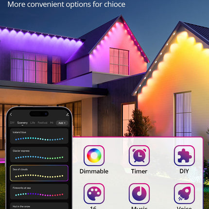 Smart Permanent Outdoor Lights, 100ft with 72 LED RGB String Lights, IP67 Waterproof Eaves Light with 44 Scene Modes for Halloween Christmas Birthday Holiday Party, APP/Voice/Remote Control