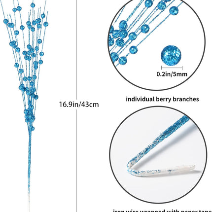 Christmas Artificial Glitter Berry Stem Decorations Decorative Bead Sticks Xmas Picks Glittery Twigs Branches for Christmas Tree Wreath Vase Home Decor Party Ornaments Blue 24 PCS