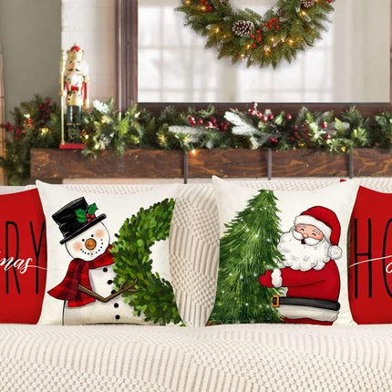 Red Christmas Pillow Covers 18x18 Set of 4 Farmhouse Christmas Decorations Snowman Wreath Santa Claus Tree Merry Christmas Holly Jolly Winter Holiday Decor Throw Cushion Case for Home Couch S22C17