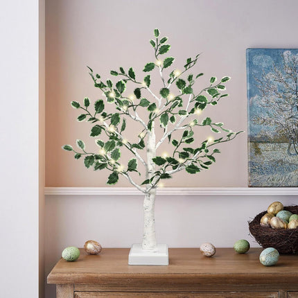 Artificial Light Up Trees Decor Indoor, 24 LED Small Lighted Trees with Timer, 2FT Greenery Leaves Tabletop Tree LED Lamp for Birthday Thanksgiving Party Home Decoration