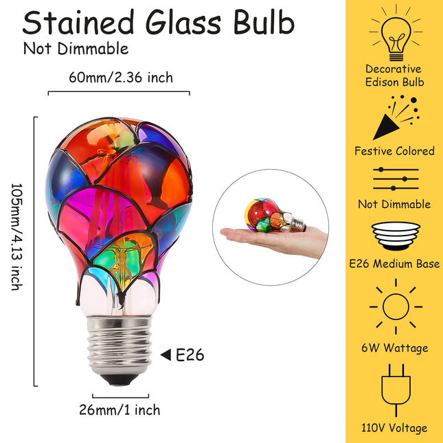 Stained Glass LED Light Bulb, E26 Base 6W A19/A60 LED Colorful Bulb for Party Lighting, Bedside Lamp, Festive Atmosphere, Christmas Halloween Decoration, Non-Dimmable, 2 Pack