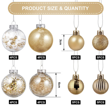 Christmas Balls Ornaments Set Star Balls Tree Baubles Set Plastic Tree Topper Star Clear Balls for Tree Birthday Holiday Indoor Outdoor Decor (Champagne Gold,37 Pieces)