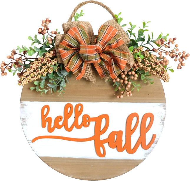 Welcome Sign for Front Door 12" Wood Wreath Farmhouse Door Sign for Front Door Porch Decor with Green Leaves, Berry & Buffalo Bow