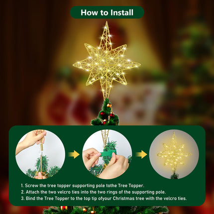 Christmas Star Tree Topper, Lighted Bethlehem Star Tree Topper 40 LED Lighted with Remote Control 8 Mode Lighting for Indoor Home Decor, Gold