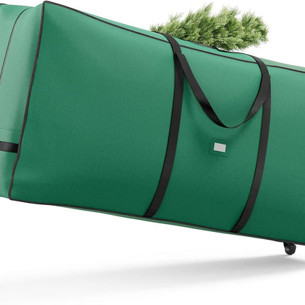 SONGMICS Christmas Tree Storage Bag with 1.6-Inch Wheels, Rolling Storage Bag, up to 9 ft, For Disassembled Holiday Tree, Length-Adjustable Handles, 600D Oxford Fabric, Forest Green URXS004C01