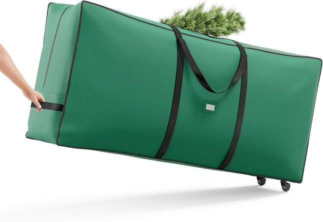 SONGMICS Christmas Tree Storage Bag with 1.6-Inch Wheels, Rolling Storage Bag, up to 9 ft, For Disassembled Holiday Tree, Length-Adjustable Handles, 600D Oxford Fabric, Forest Green URXS004C01