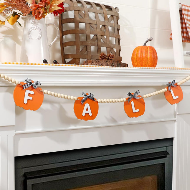 Fall Decor-Wooden Pumpkin Garland Fall Decorations for Home-Thanksgiving Farmhouse Pumpkins Wood Bead Garland Banner for Fireplace Mantel Walls