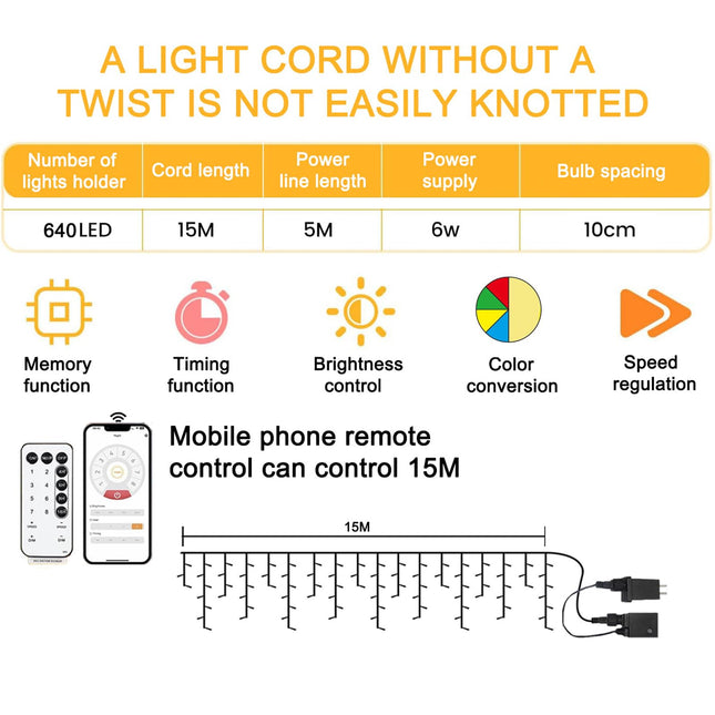 Christmas String Lights Outdoor - 49Ft/15M 640 LED 8 Modes with Remote Control and App Waterproof Christmas Lights for Patio Yard Garden Wedding Party-Warm White to Multicolor