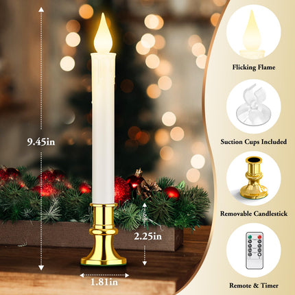 Christmas Window Candles Battery Operated with Timer Remote, Flameless LED Candle Lights with Gold Removable Candlesticks and Suction Cups, White Cordless Candles for Windows Table Decoration