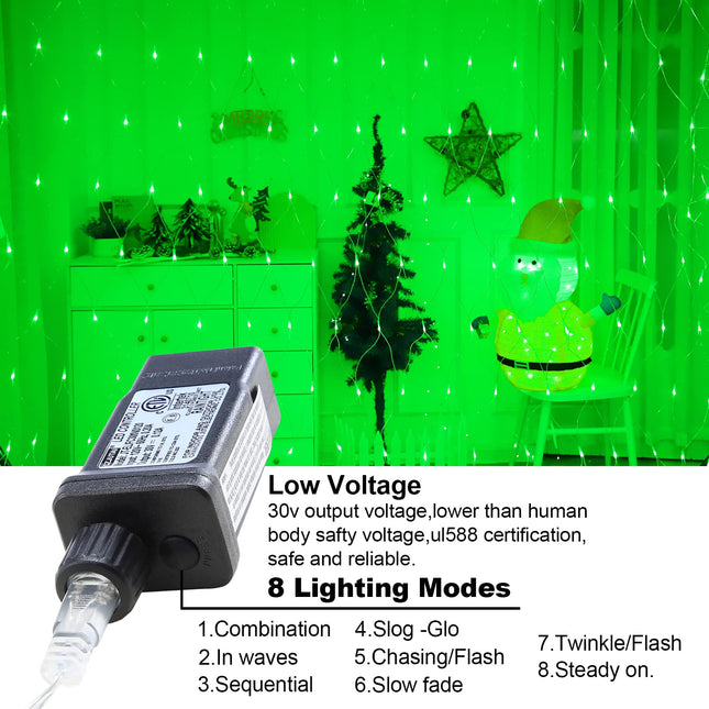 Green Christmas Net Lights Outdoor Decorations,9.9ft x 6.6ft 264 LED Indoor Twinkle Mesh Lights,IP44 Waterproof 8 Modes Fairy Netting Bush Lights,Low Voltage Plug-in for Garden,Patio