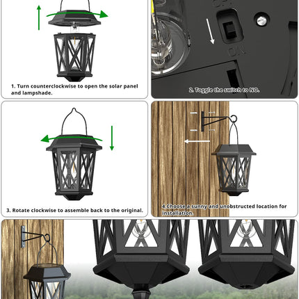Solar Lantern Outdoor Hanging Solar Lights, Waterproof Metal Solar Lights Outdoor with Clear Glass, LED Solar Powered Lights Wall Mount for Yard Garden Wall Outdoor, Black - 2 Pack