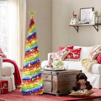 5FT Pop Up Christmas Tree with LED Lights and Tree Topper- Collapsible Artificial Tinsel Pencil Christmas Tree, Skinny Xmas Tree for Indoor Home Apartment Porch Holiday Party Decorations(Rainbow)