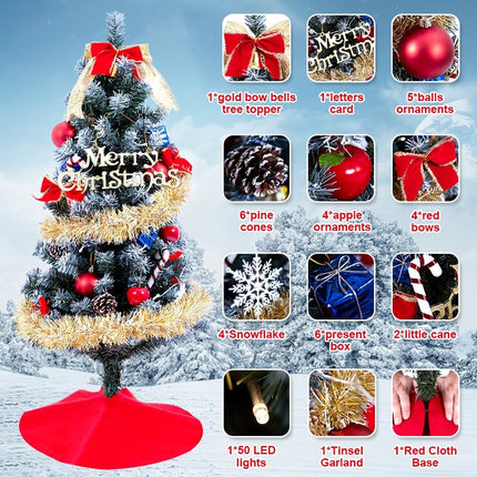 3 Ft Christmas Artificial Tree Decorations - Christmas 36 Inch Mini Table Top Tree, Xmas Desk Small Tree with 50 LED Warm Lights, Hanging Ornaments for Home Decor Indoor Office Holiday Tabletop Party