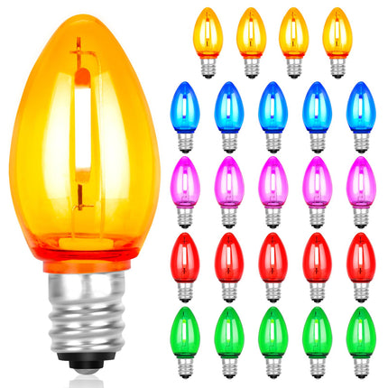 C7 Led Replacement Christmas Light Bulbs,C7 Shatterproof Multicolor Clear LED Bulbs(Pack of 25),C7/E12 Candelabra Base,Commercial Grade Holiday Bulbs for Indoor and Outdoor String Lights