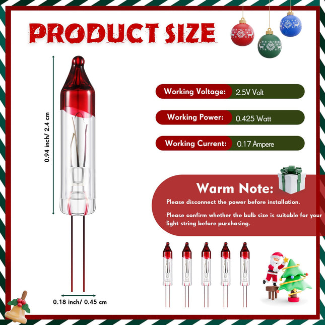 Riakrum 100 Pcs Christmas Replacement Mini Light Bulbs Bulk 0.17A Bulb Flasher Christmas Replacement Bulb Christmas Tree Incandescent Light Bulb Mini String Light Bulb (No Base, 2.5V 0.425W)