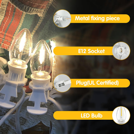 Abeja White Accessory Cord with 7 LED C7 String Light Bulbs, 14FT Plug in Christmas Village Lights Connectable C7 Bulb Clip Lights for Craft Village Halloween Christmas House Decoration