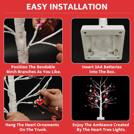 [Red Pink Lights & Timer] Valentines Day 24 Inch Birch Tree Decor with 10 DIY Heart Ornaments 24 Red Pink LED Lights Battery Operated Valentine's Day Decorations for Home Tabletop Party Wedding